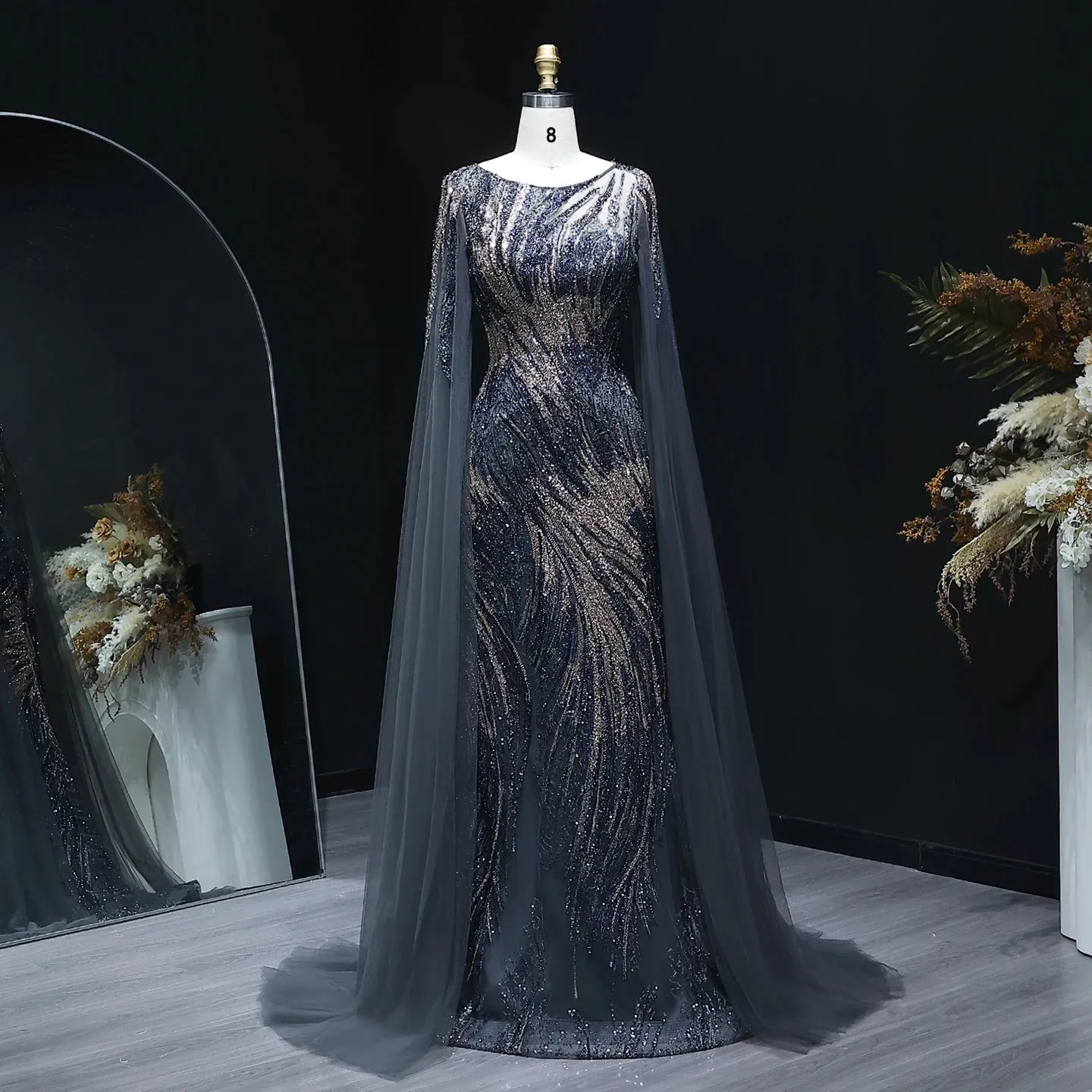 Elegant Purple Arabic Evening Dress with Cape Sleeves SS051