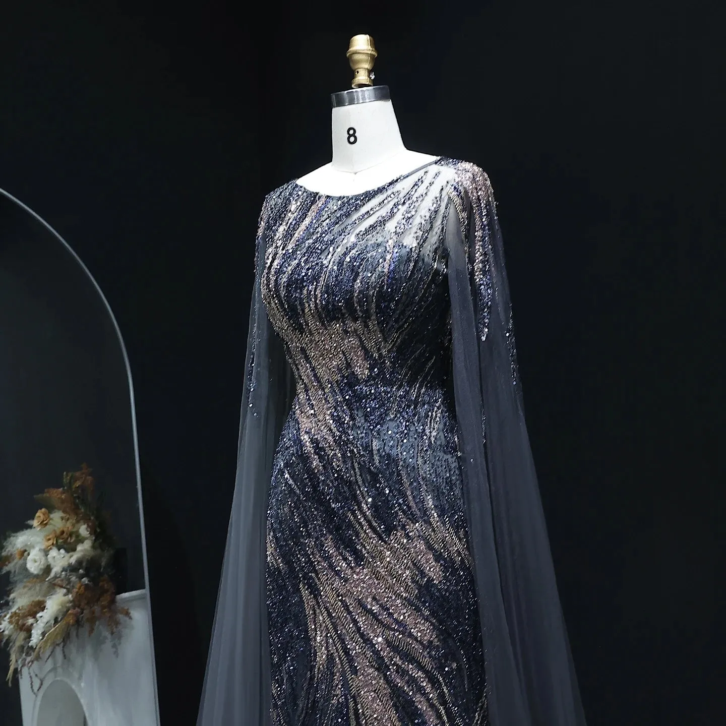 Elegant Purple Arabic Evening Dress with Cape Sleeves SS051