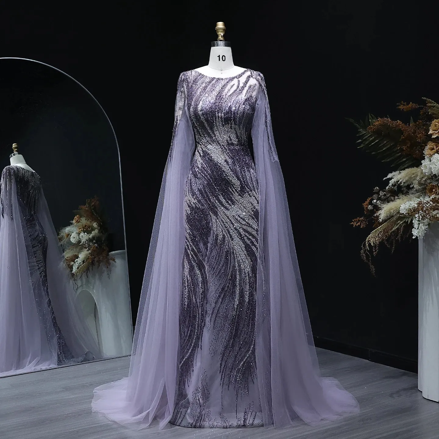 Elegant Purple Arabic Evening Dress with Cape Sleeves SS051