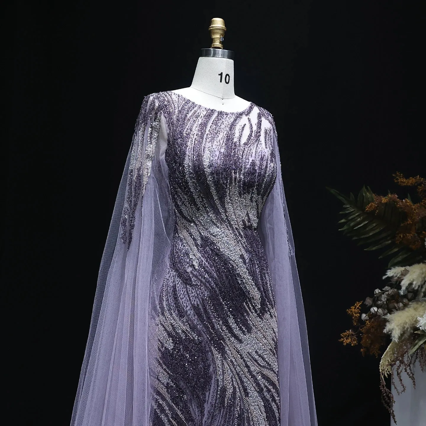Elegant Purple Arabic Evening Dress with Cape Sleeves SS051
