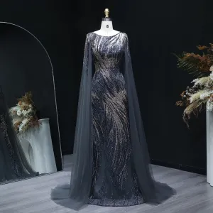 Elegant Purple Arabic Evening Dress with Cape Sleeves SS051