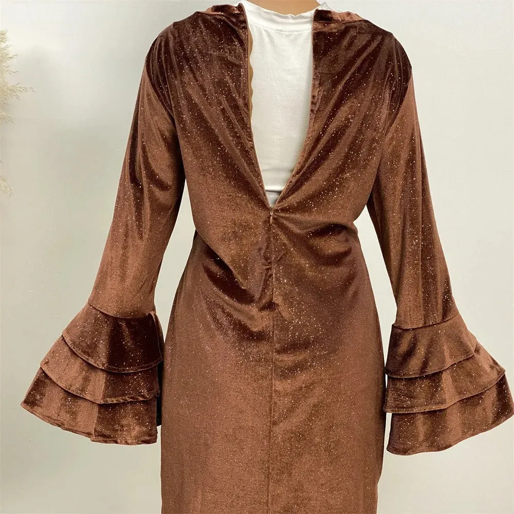 Elegant Ruffle Sleeve Velvet Maxi Dress