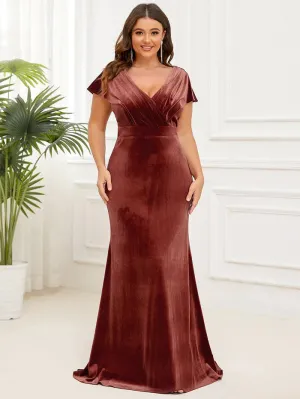 Elegant Sequin Spaghetti Strap A-Line Evening Dress Plus Size Velvet Pleated V-Neck Cap Sleeve Column Floor-Length Evening Dress