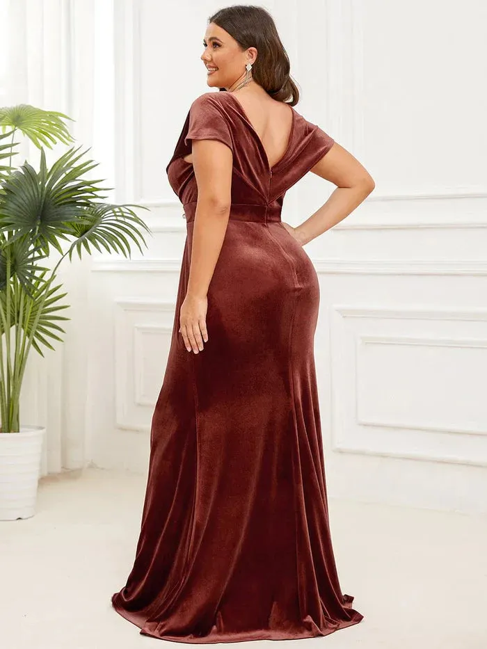 Elegant Sequin Spaghetti Strap A-Line Evening Dress Plus Size Velvet Pleated V-Neck Cap Sleeve Column Floor-Length Evening Dress