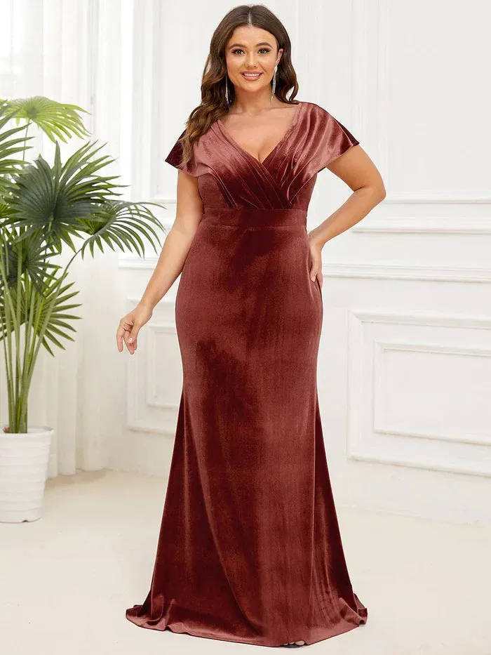 Elegant Sequin Spaghetti Strap A-Line Evening Dress Plus Size Velvet Pleated V-Neck Cap Sleeve Column Floor-Length Evening Dress