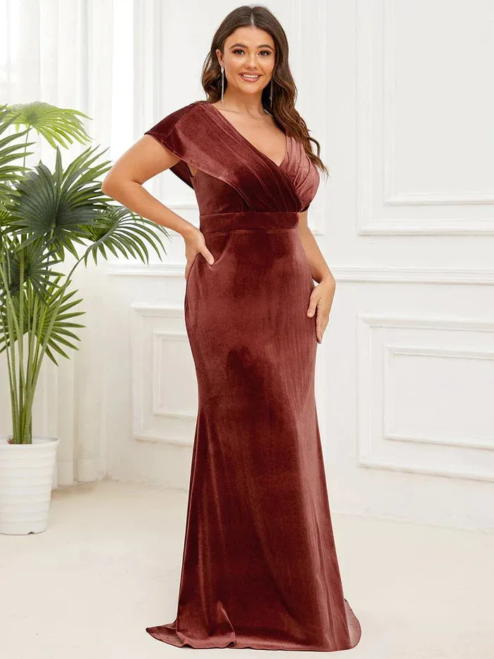 Elegant Sequin Spaghetti Strap A-Line Evening Dress Plus Size Velvet Pleated V-Neck Cap Sleeve Column Floor-Length Evening Dress