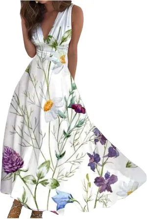 Elegant Women's Floral Maxi Dress Sleeveless V-Neck Evening Gown with Print for Summer Parties