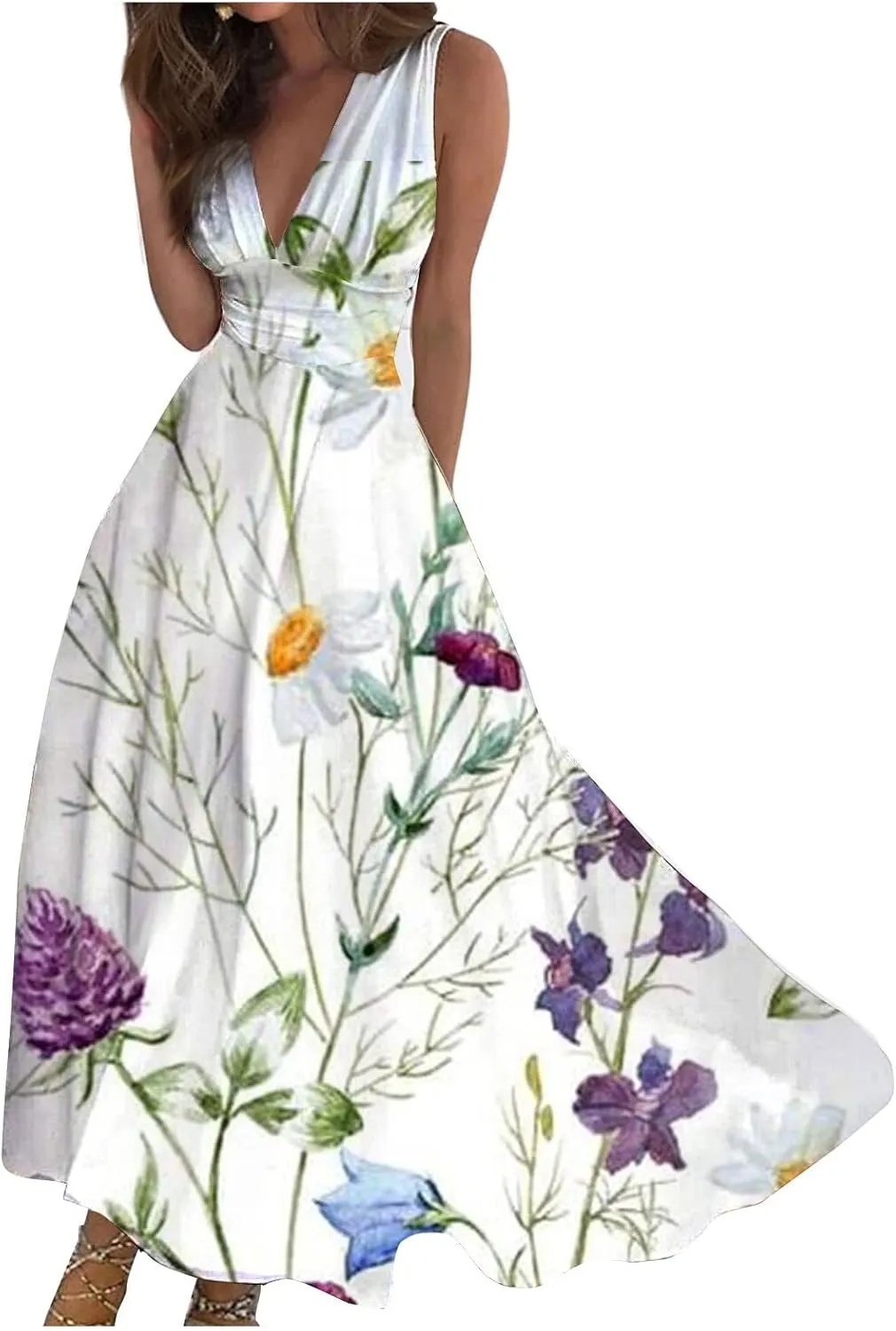 Elegant Women's Floral Maxi Dress Sleeveless V-Neck Evening Gown with Print for Summer Parties