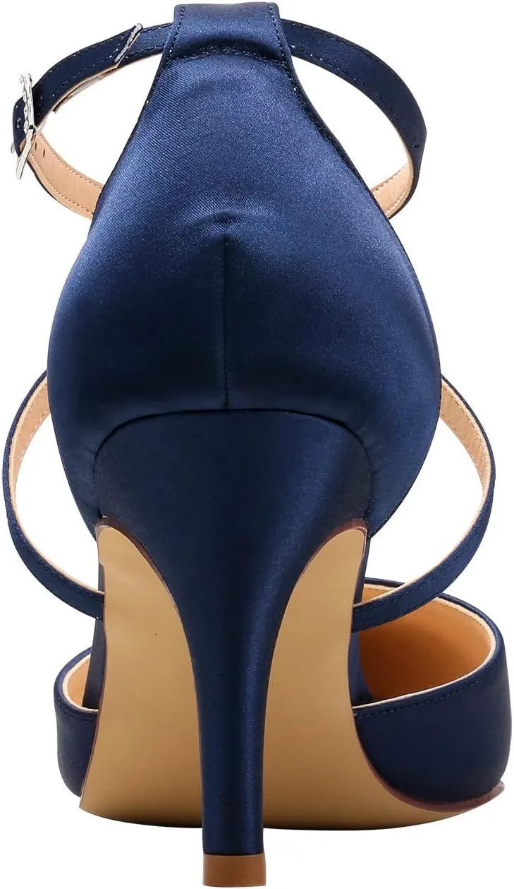 ELEGANTPARK Heels for Women Closed Toe Strappy Pointed High Heel Pumps Satin Pointy Wedding Evening Dress Shoes