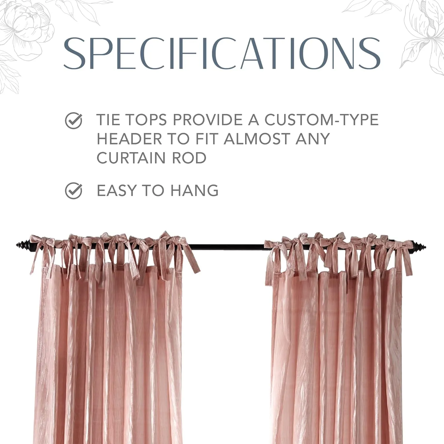 Elrene Home Fashions Korena Tie-Top Crushed Velvet Window Curtain Panel, Rustic-Chic Curtain Panel for Living Room or Bedroom, 52 Inches by 84 Inches, Blush, 1 Panel