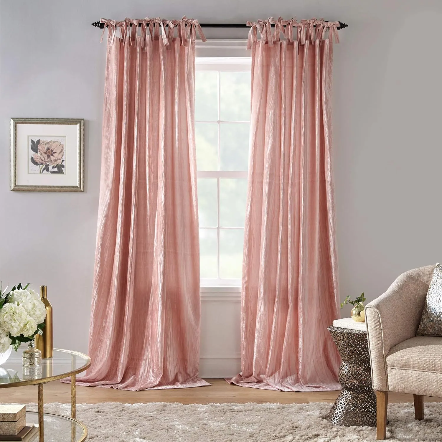 Elrene Home Fashions Korena Tie-Top Crushed Velvet Window Curtain Panel, Rustic-Chic Curtain Panel for Living Room or Bedroom, 52 Inches by 84 Inches, Blush, 1 Panel