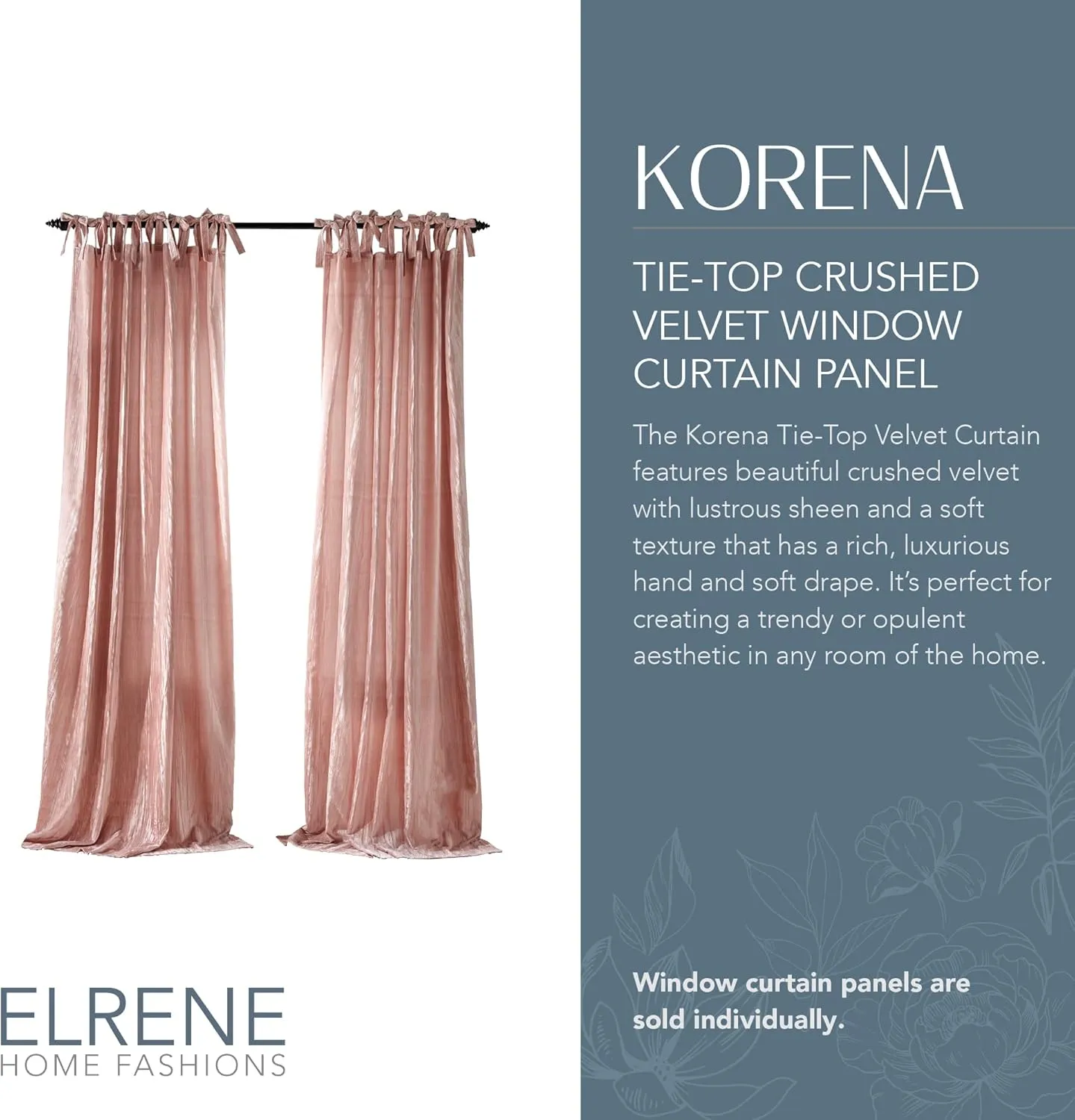 Elrene Home Fashions Korena Tie-Top Crushed Velvet Window Curtain Panel, Rustic-Chic Curtain Panel for Living Room or Bedroom, 52 Inches by 84 Inches, Blush, 1 Panel