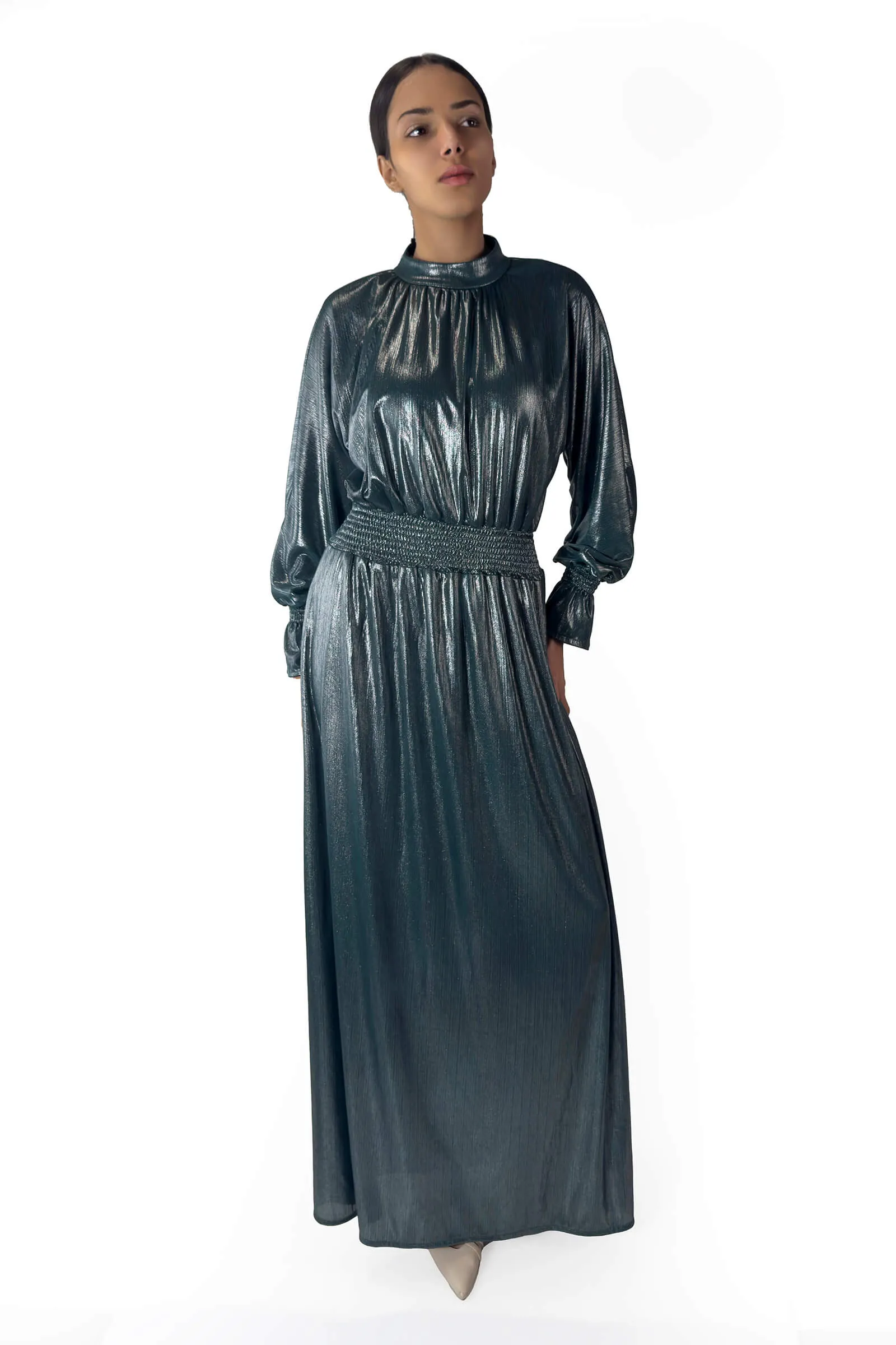 Emerald Elegance Metallic Maxi Dress