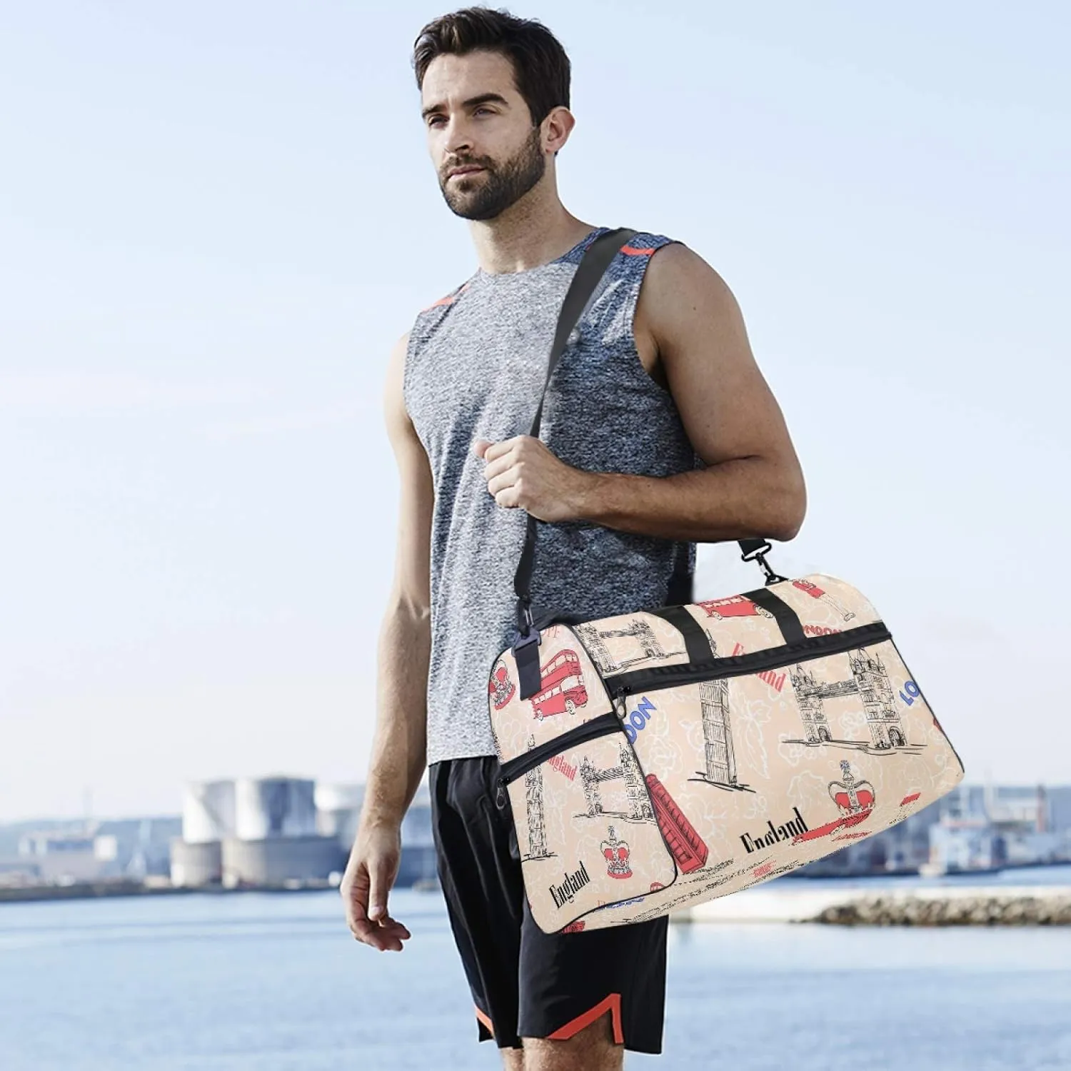England London Attraction Travel Duffel Bag Luggage Sports Gym Bag With Shoes Compartment Large Capacity Lightweight Duffle Bag For Men Women