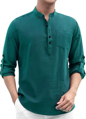 Enlision Mens Cotton Linen Henley Shirts Long Sleeve Casual Shirt Summer Beach Hippie T-Shirt Band Collar Shirt & Pocket