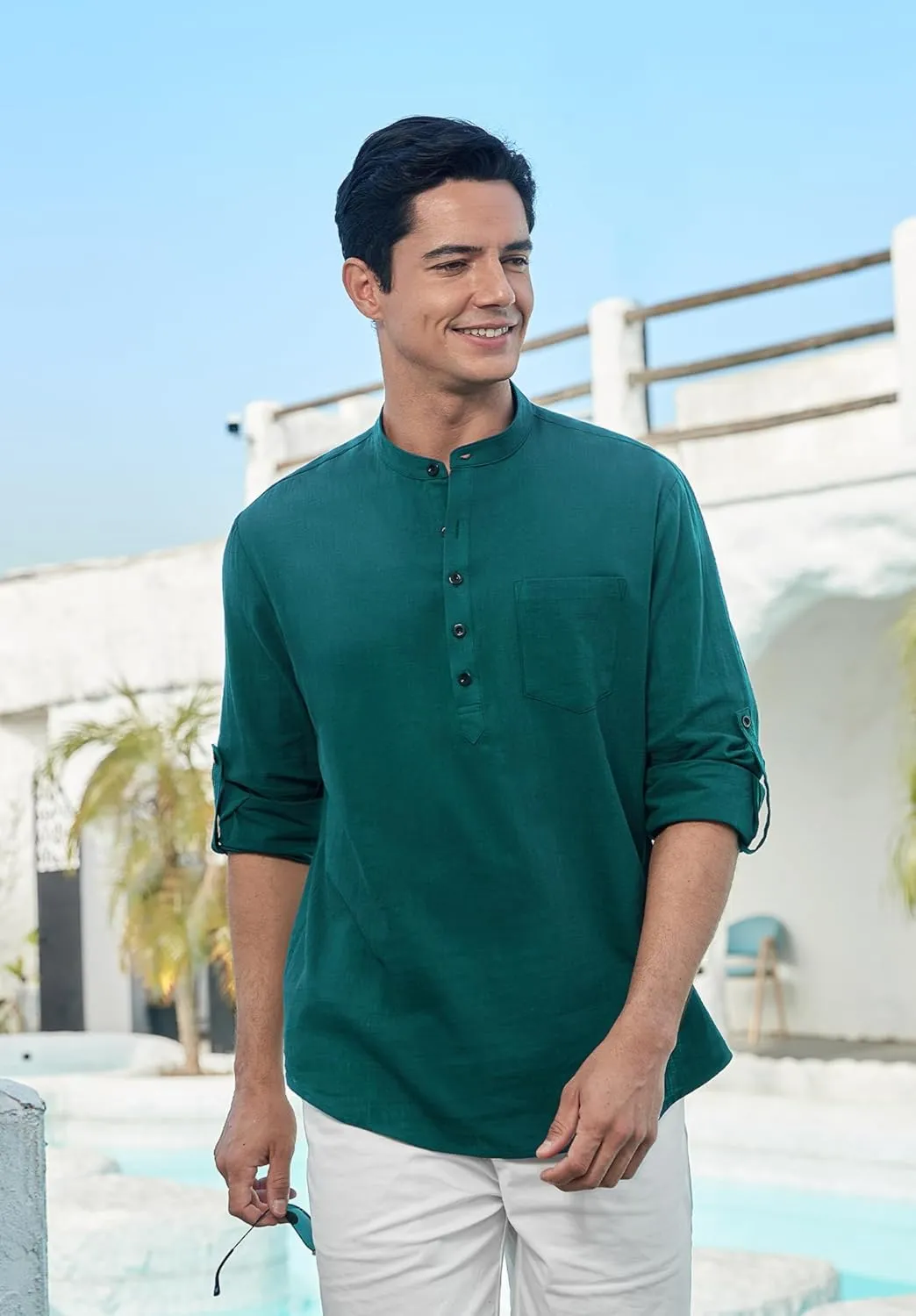 Enlision Mens Cotton Linen Henley Shirts Long Sleeve Casual Shirt Summer Beach Hippie T-Shirt Band Collar Shirt & Pocket
