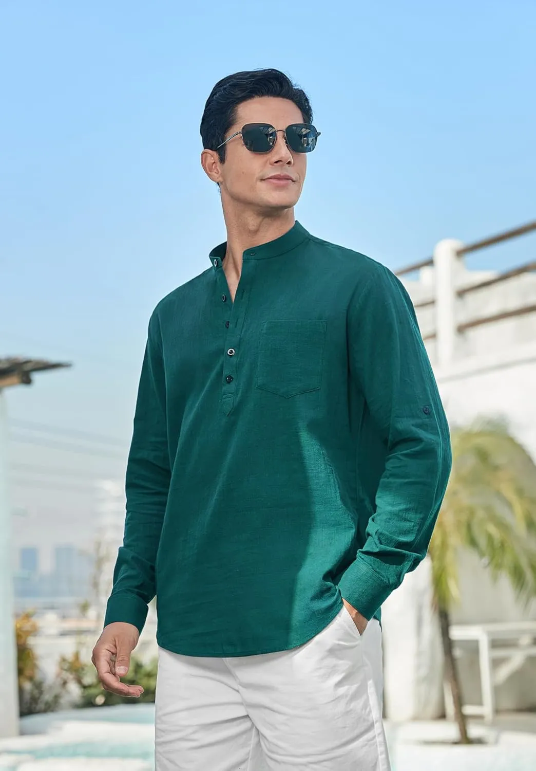 Enlision Mens Cotton Linen Henley Shirts Long Sleeve Casual Shirt Summer Beach Hippie T-Shirt Band Collar Shirt & Pocket