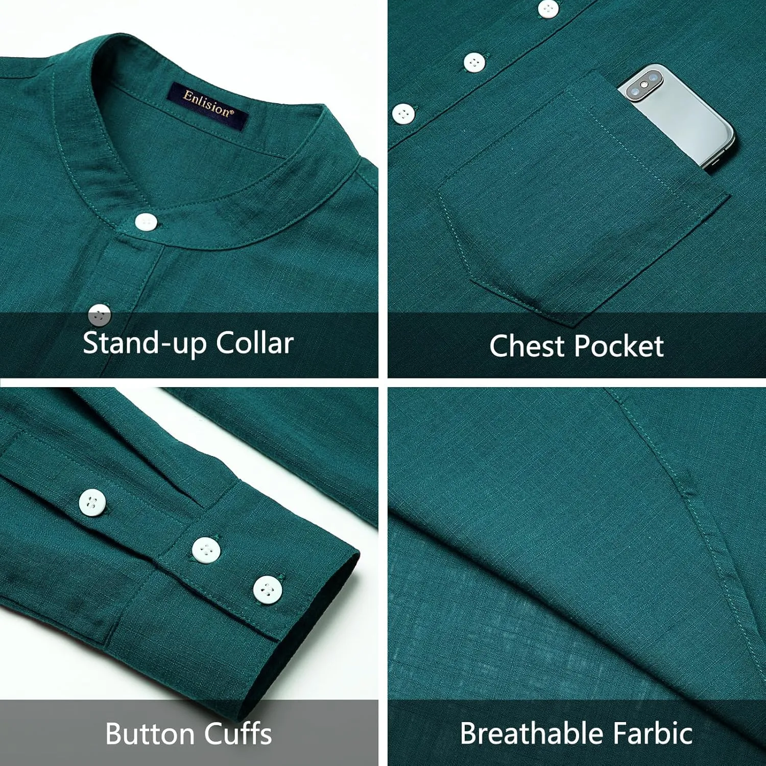 Enlision Mens Cotton Linen Henley Shirts Long Sleeve Casual Shirt Summer Beach Hippie T-Shirt Band Collar Shirt & Pocket