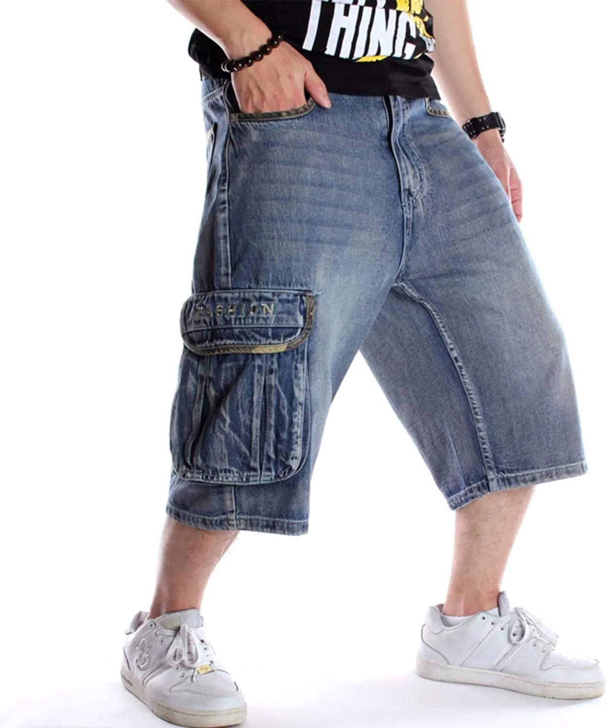 EnllerviiD Loose Fit Jean Shorts for Men Casual Work Shorts Baggy Denim Shorts Skateboard Dance Shorts