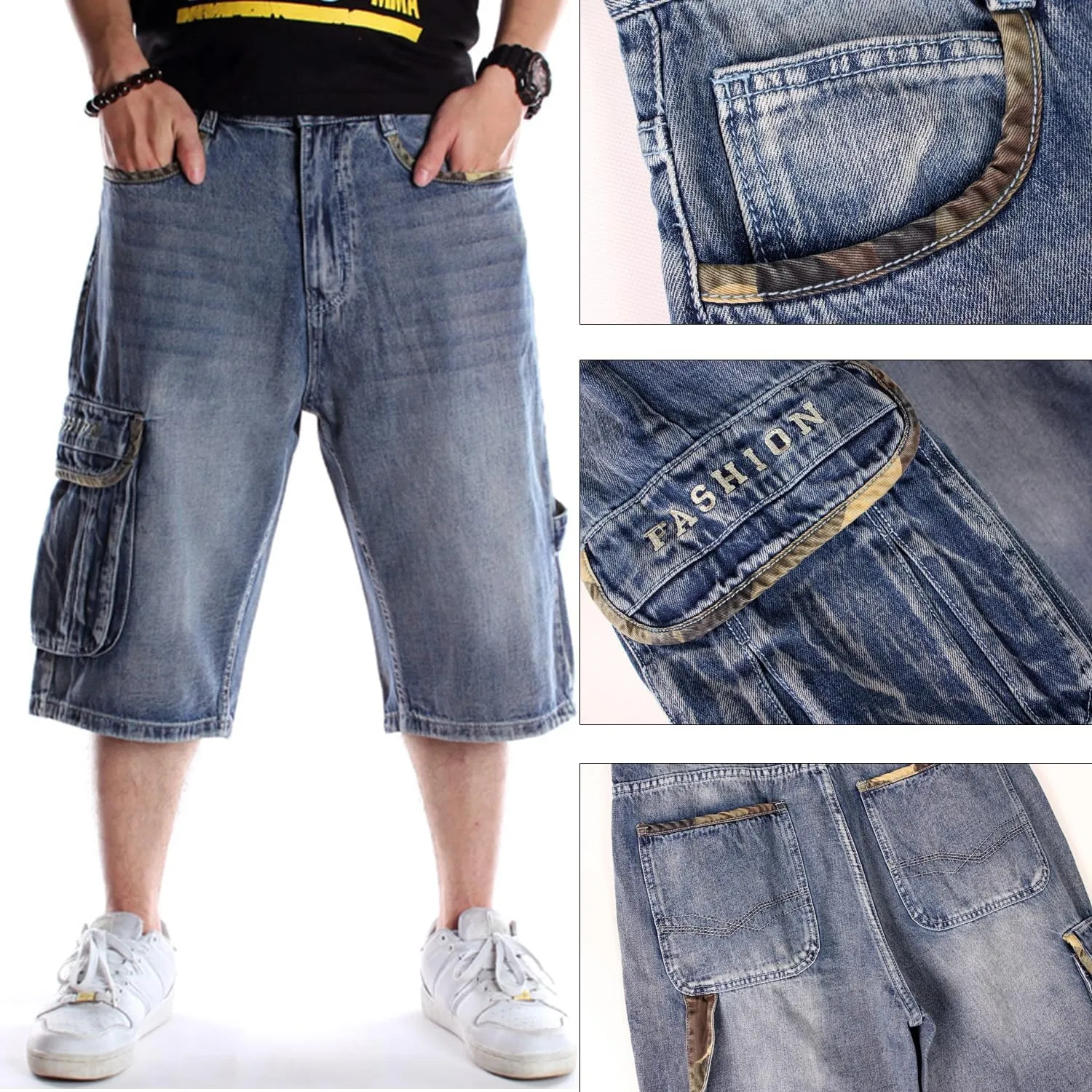 EnllerviiD Loose Fit Jean Shorts for Men Casual Work Shorts Baggy Denim Shorts Skateboard Dance Shorts