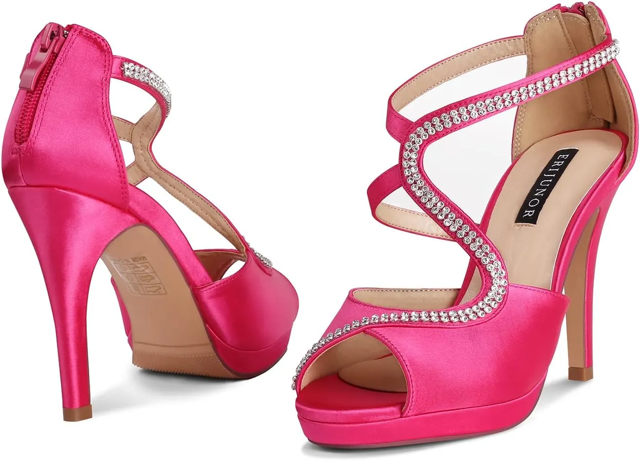 ERIJUNOR High Heel Sandals Peep Toe S-Strap Prom Wedding Evening Shoes