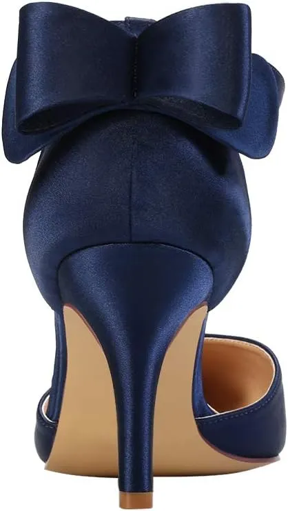 ERIJUNOR Wedding Evening Party Shoes Comfortable Mid Heels Pumps with Bow Knot Ankle Strap Wide Width Satin Shoes