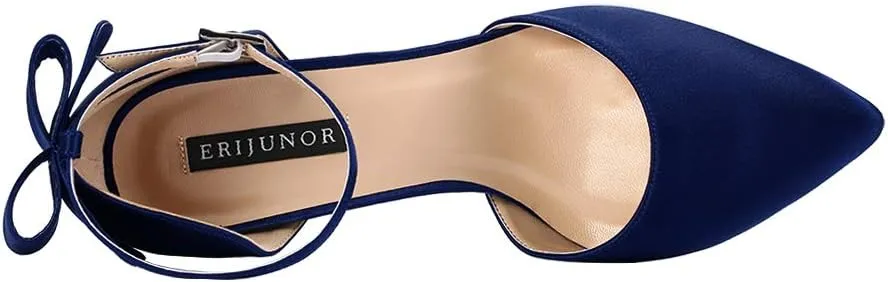 ERIJUNOR Wedding Evening Party Shoes Comfortable Mid Heels Pumps with Bow Knot Ankle Strap Wide Width Satin Shoes