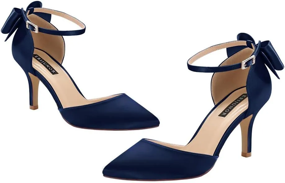 ERIJUNOR Wedding Evening Party Shoes Comfortable Mid Heels Pumps with Bow Knot Ankle Strap Wide Width Satin Shoes