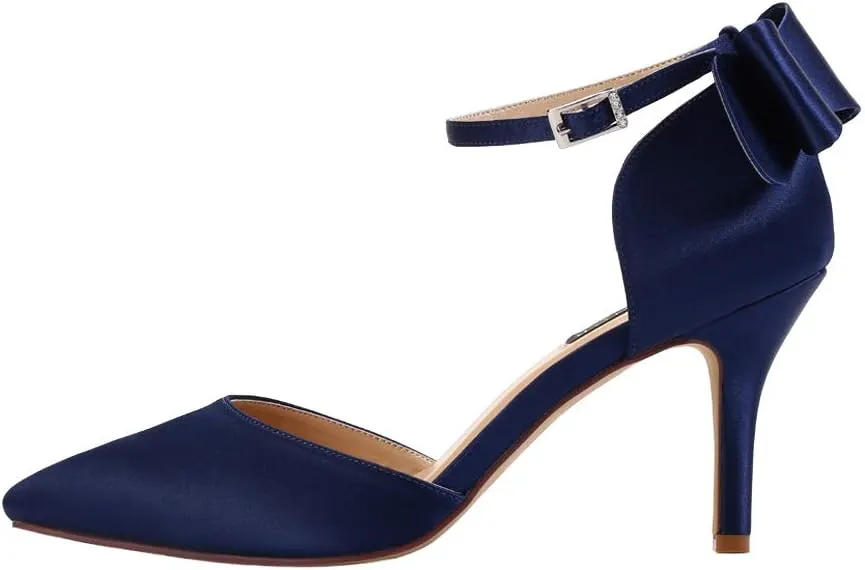ERIJUNOR Wedding Evening Party Shoes Comfortable Mid Heels Pumps with Bow Knot Ankle Strap Wide Width Satin Shoes