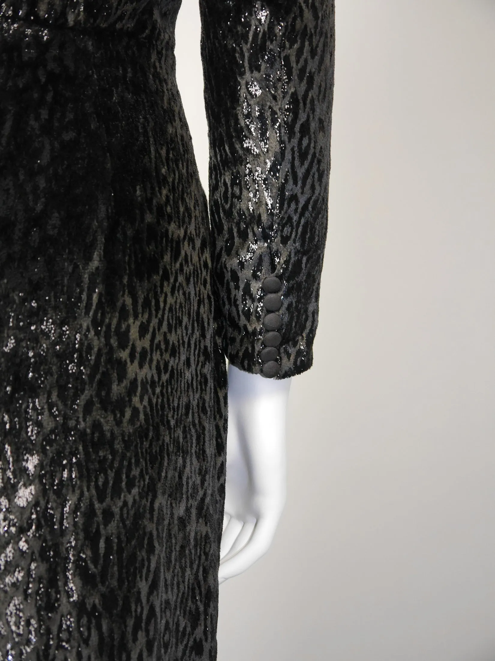 ESCADA 1980s Vintage Velvet Lamé Evening Gown Dark Brown Leopard Pattern Size XS