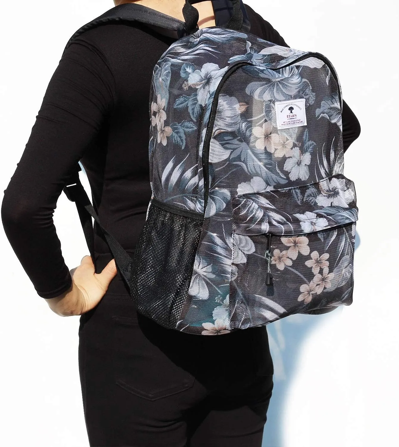 ESVAN Original Print Mesh Backpack Semi-Transparent Sackpack See Through Beach Bag Daypack Multi-Purpose Women Men Unisex