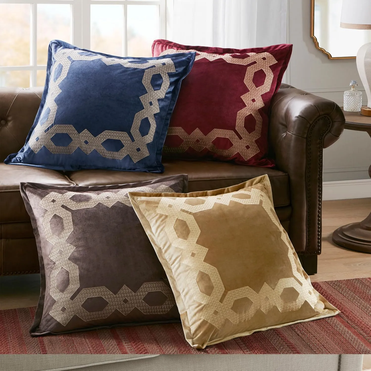Euro Sham, Regal Geometric Metallic Embroidery Design with Flange, Soft Velvet 26" x 26" Pillow Cover, Hidden Zipper Closure (Cushion NOT Included) Clermont, Navy 1 Piece, 26x26