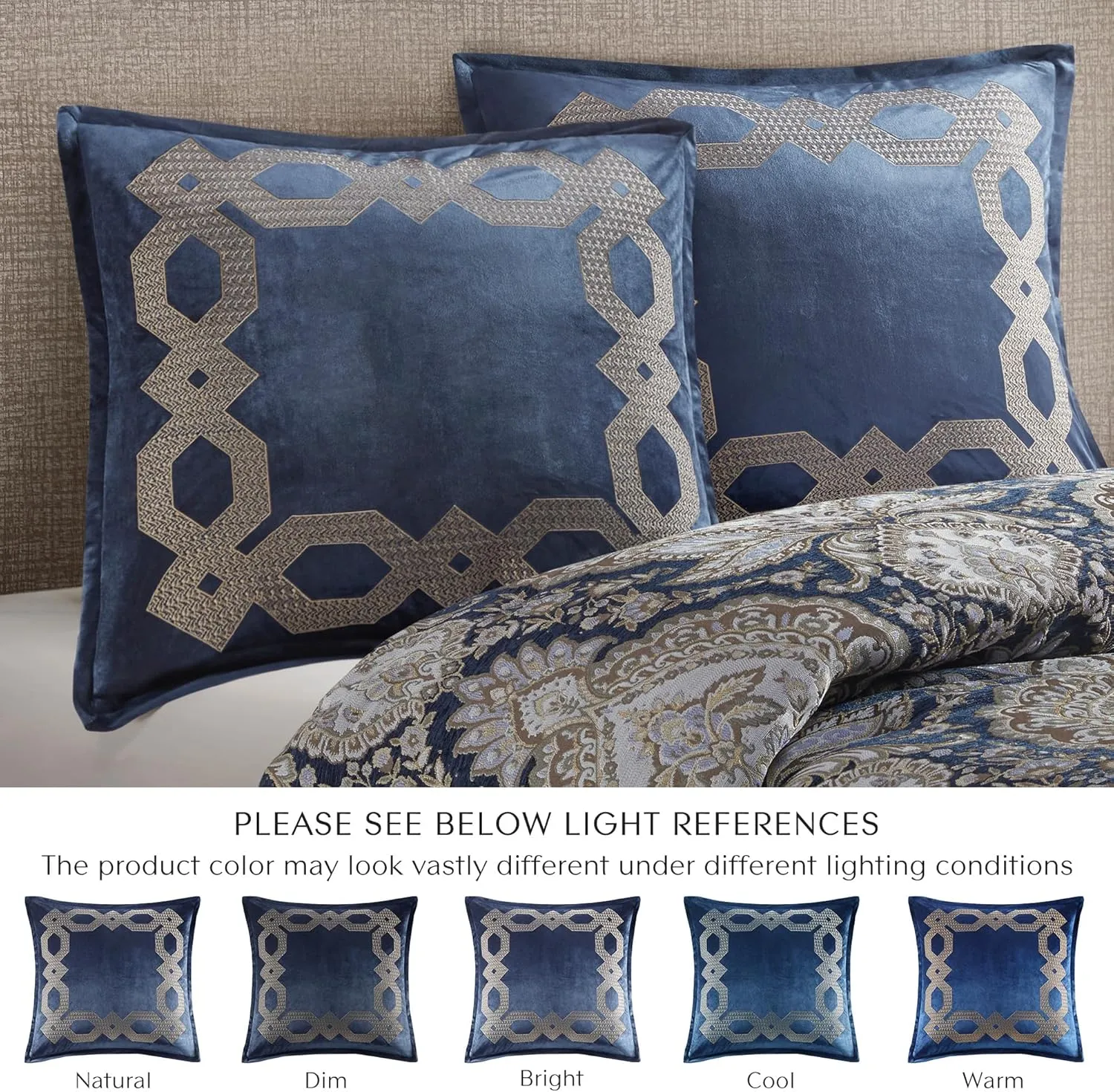Euro Sham, Regal Geometric Metallic Embroidery Design with Flange, Soft Velvet 26" x 26" Pillow Cover, Hidden Zipper Closure (Cushion NOT Included) Clermont, Navy 1 Piece, 26x26