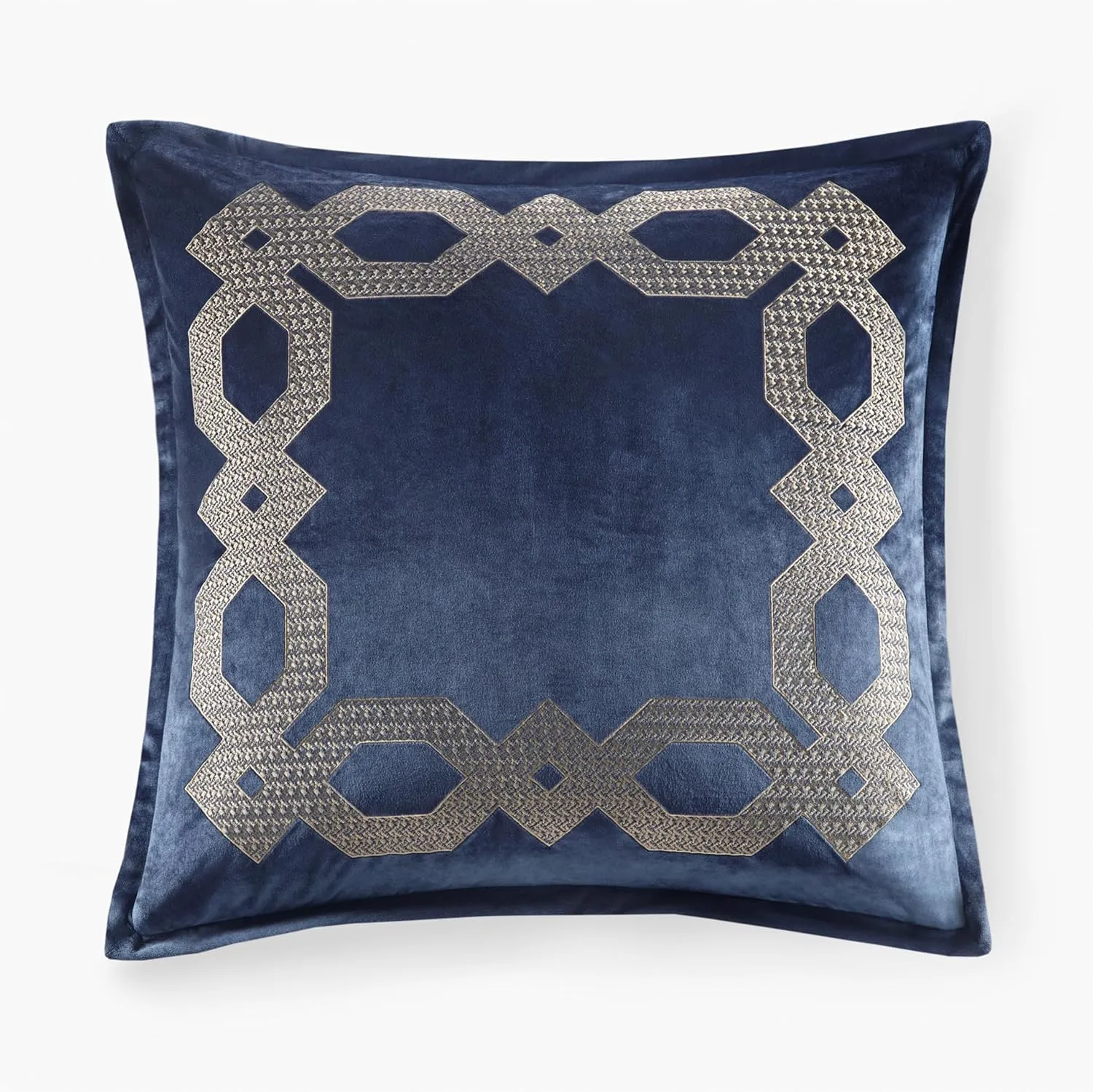 Euro Sham, Regal Geometric Metallic Embroidery Design with Flange, Soft Velvet 26" x 26" Pillow Cover, Hidden Zipper Closure (Cushion NOT Included) Clermont, Navy 1 Piece, 26x26