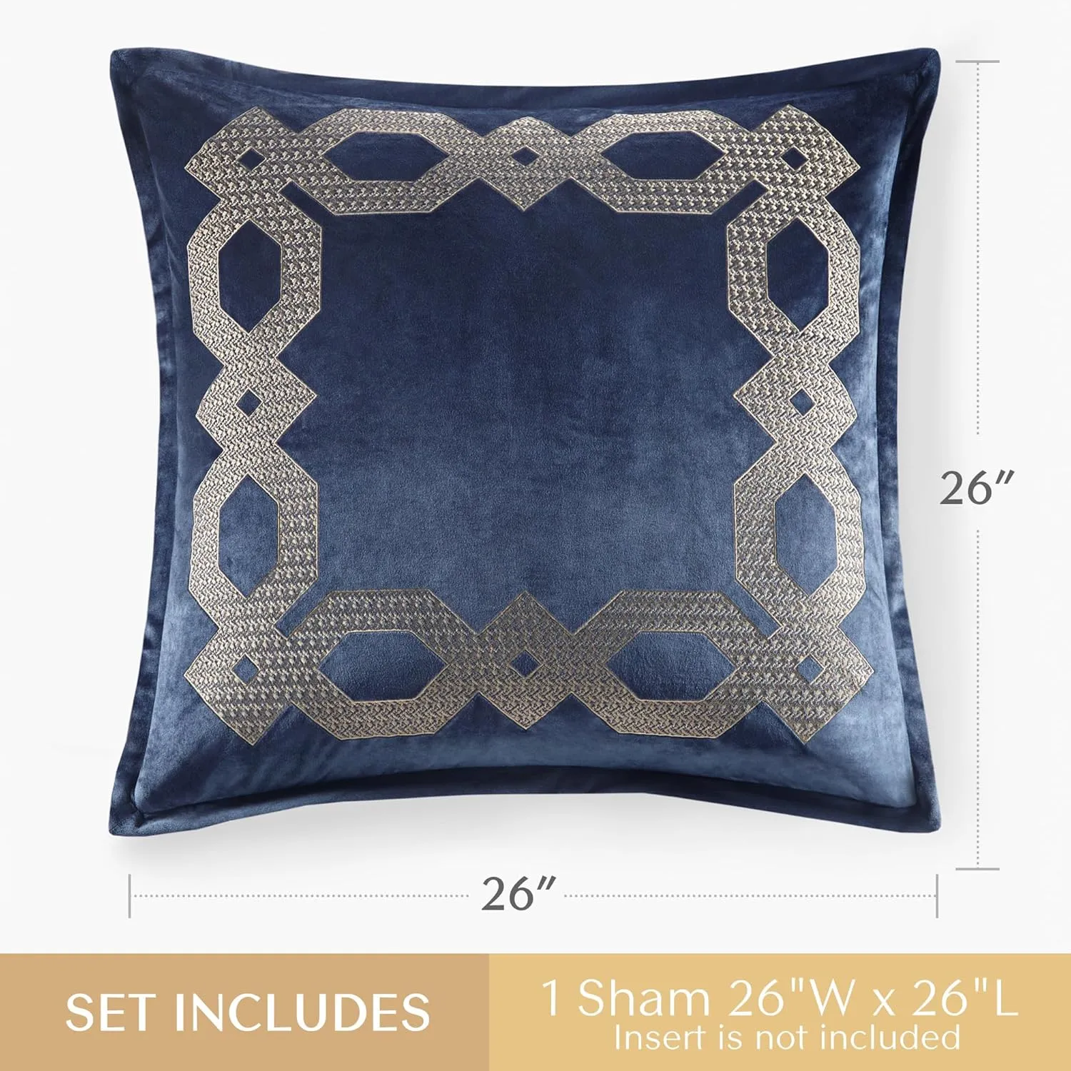 Euro Sham, Regal Geometric Metallic Embroidery Design with Flange, Soft Velvet 26" x 26" Pillow Cover, Hidden Zipper Closure (Cushion NOT Included) Clermont, Navy 1 Piece, 26x26