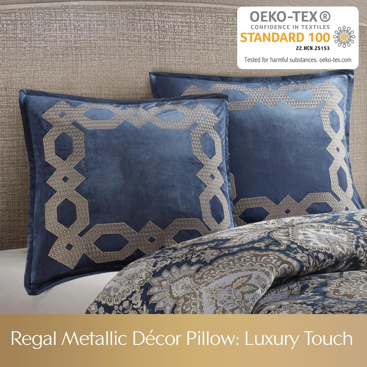 Euro Sham, Regal Geometric Metallic Embroidery Design with Flange, Soft Velvet 26" x 26" Pillow Cover, Hidden Zipper Closure (Cushion NOT Included) Clermont, Navy 1 Piece, 26x26