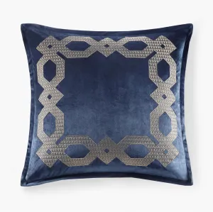 Euro Sham, Regal Geometric Metallic Embroidery Design with Flange, Soft Velvet 26" x 26" Pillow Cover, Hidden Zipper Closure (Cushion NOT Included) Clermont, Navy 1 Piece, 26x26