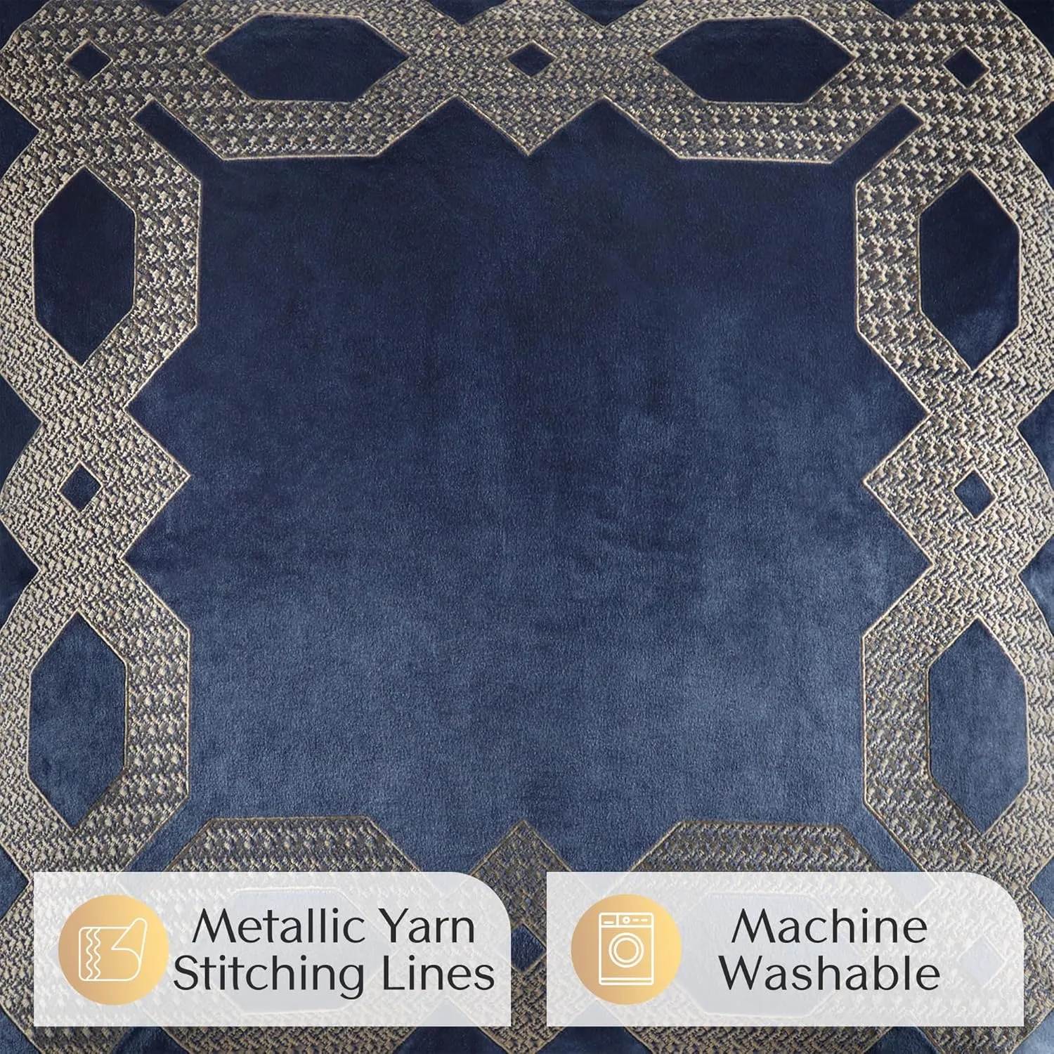 Euro Sham, Regal Geometric Metallic Embroidery Design with Flange, Soft Velvet 26" x 26" Pillow Cover, Hidden Zipper Closure (Cushion NOT Included) Clermont, Navy 1 Piece, 26x26
