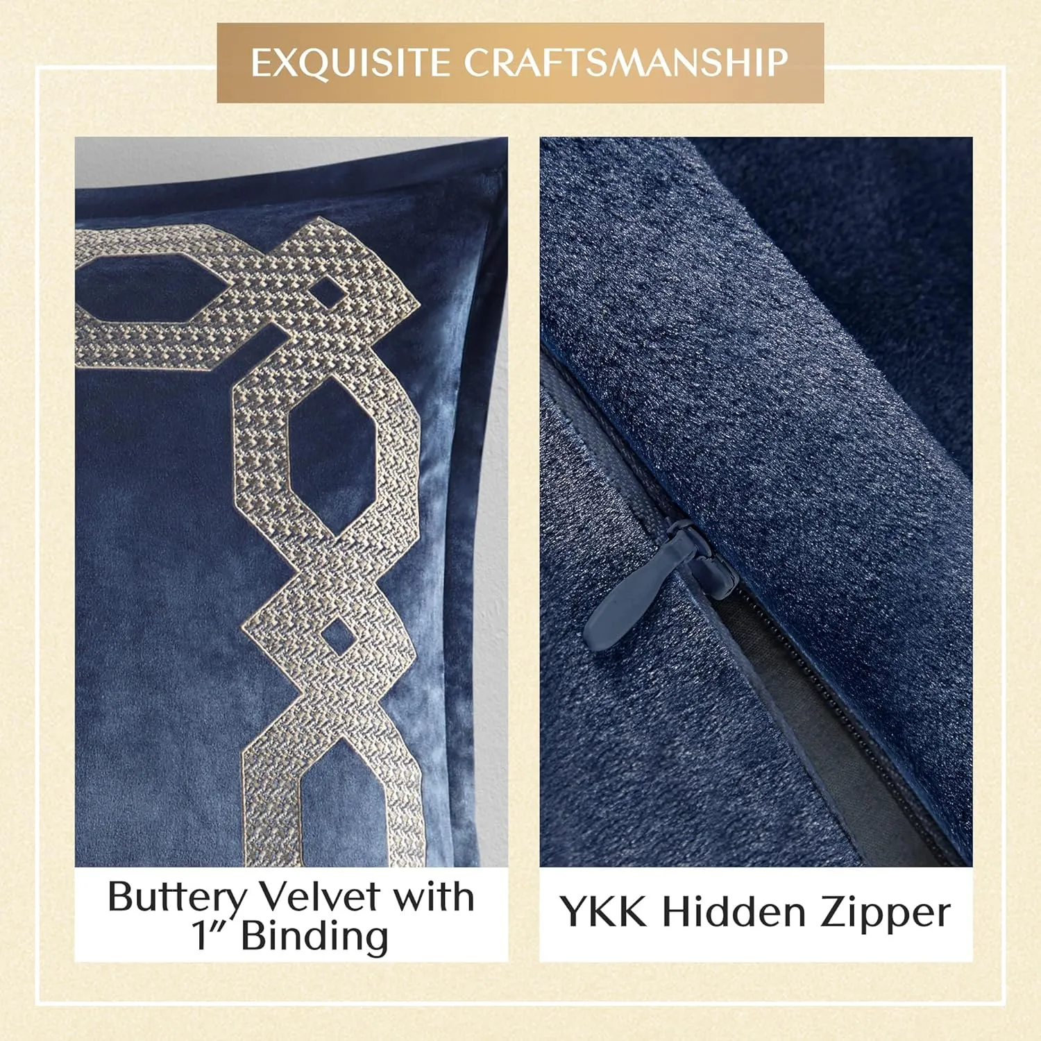 Euro Sham, Regal Geometric Metallic Embroidery Design with Flange, Soft Velvet 26" x 26" Pillow Cover, Hidden Zipper Closure (Cushion NOT Included) Clermont, Navy 1 Piece, 26x26