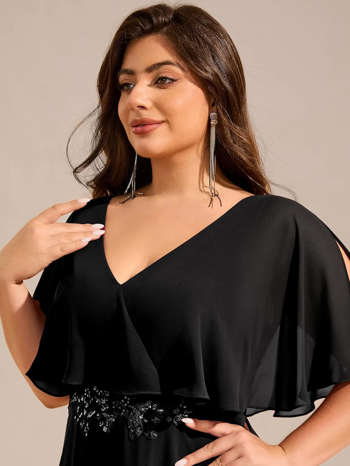 Ever-Pretty Plus Women's Ball Gown V-Neck A Line Chiffon Applique Shawl Short Sleeves Maxi Plus Size Formal Dresses 02289-DA