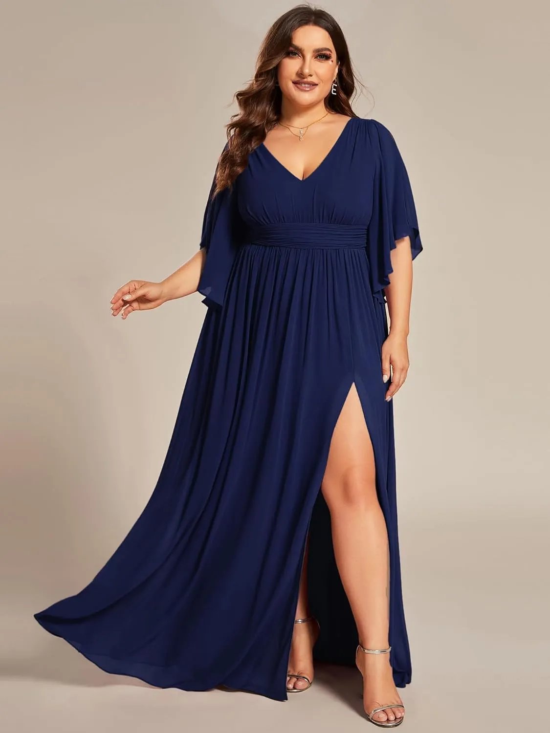 Ever-Pretty Plus Women's Plus Size V Neck Half Sleeves Slit A Line Floor Length Bridesmaid Dress 01886-DA