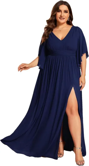 Ever-Pretty Plus Women's Plus Size V Neck Half Sleeves Slit A Line Floor Length Bridesmaid Dress 01886-DA