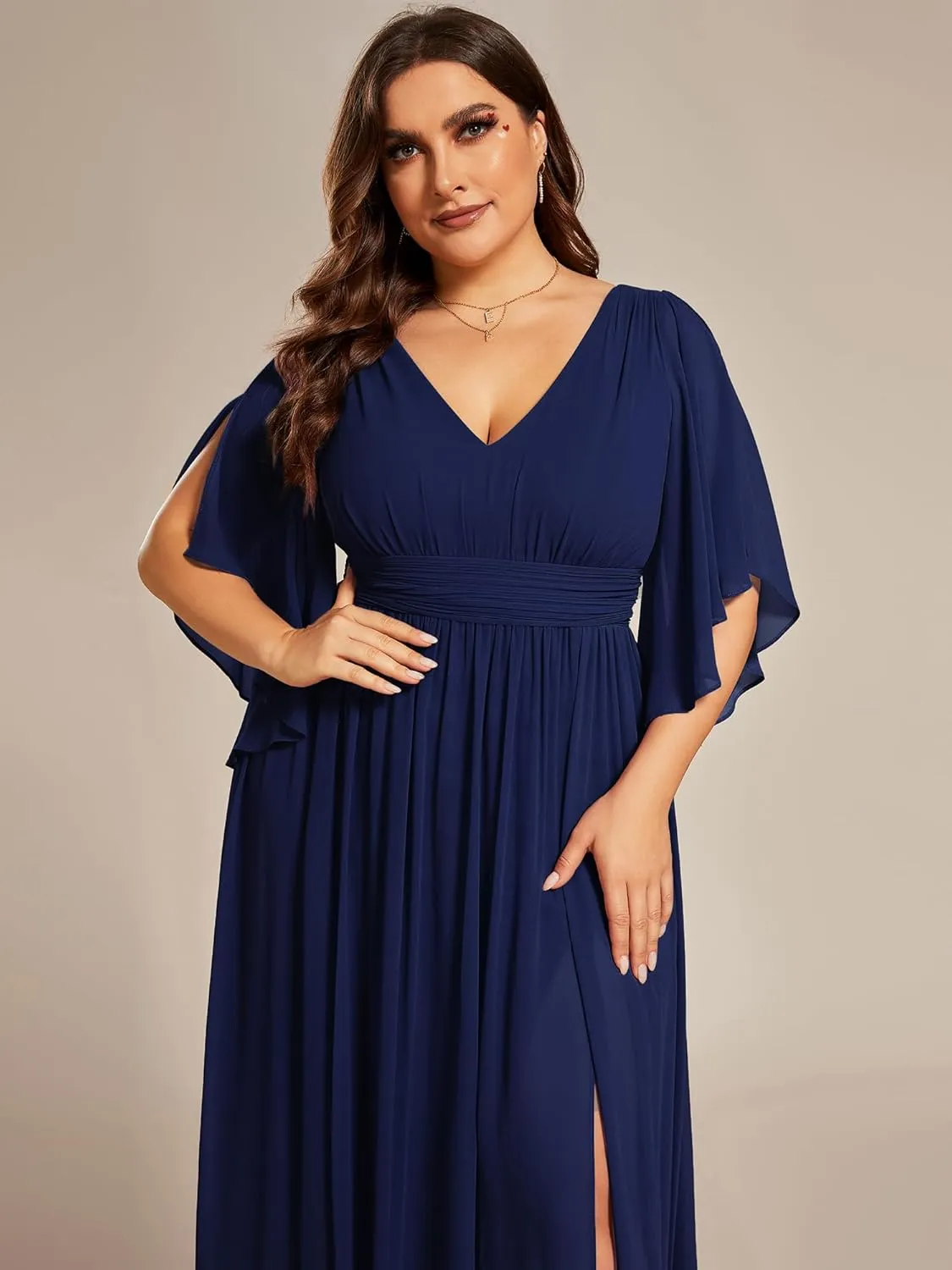 Ever-Pretty Plus Women's Plus Size V Neck Half Sleeves Slit A Line Floor Length Bridesmaid Dress 01886-DA