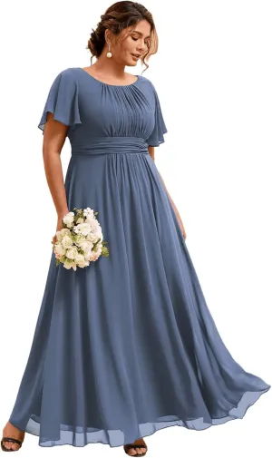 Ever-Pretty Plus Women's Summer Round Neck A Line Pleated Chiffon Short Sleeves Plus Size Formal Gowns Bridesmaid Dresses