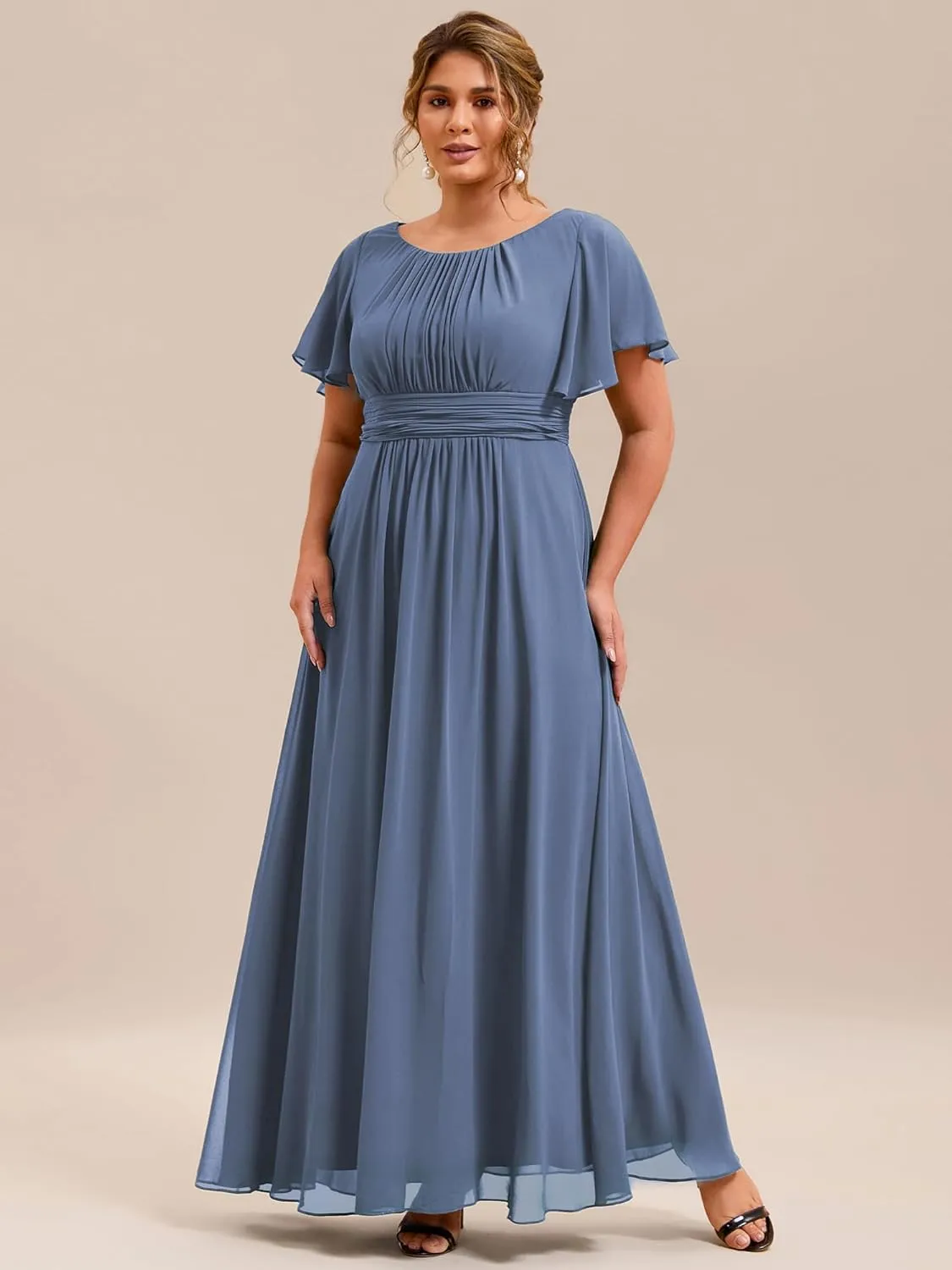 Ever-Pretty Plus Women's Summer Round Neck A Line Pleated Chiffon Short Sleeves Plus Size Formal Gowns Bridesmaid Dresses