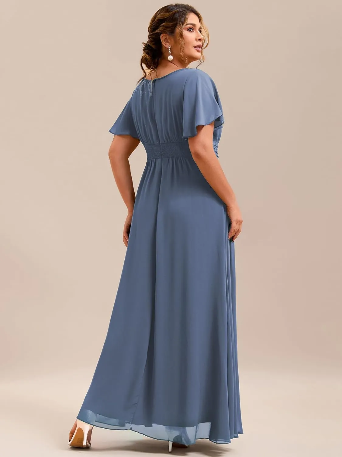 Ever-Pretty Plus Women's Summer Round Neck A Line Pleated Chiffon Short Sleeves Plus Size Formal Gowns Bridesmaid Dresses