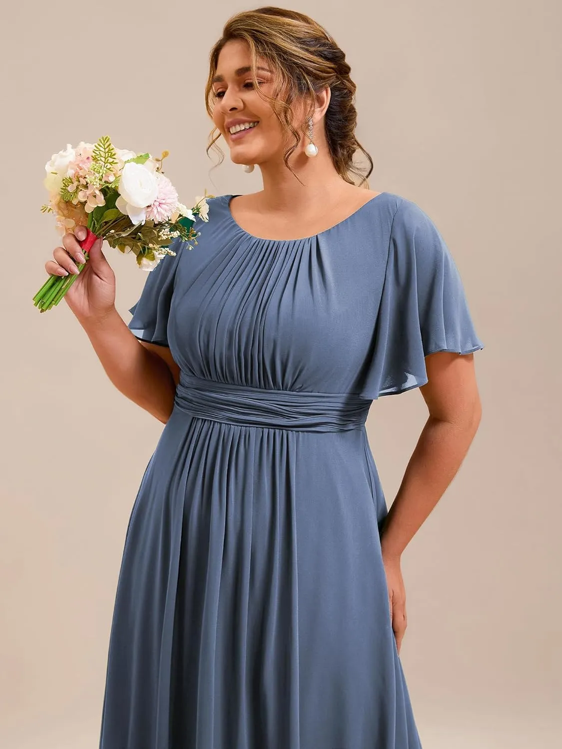 Ever-Pretty Plus Women's Summer Round Neck A Line Pleated Chiffon Short Sleeves Plus Size Formal Gowns Bridesmaid Dresses