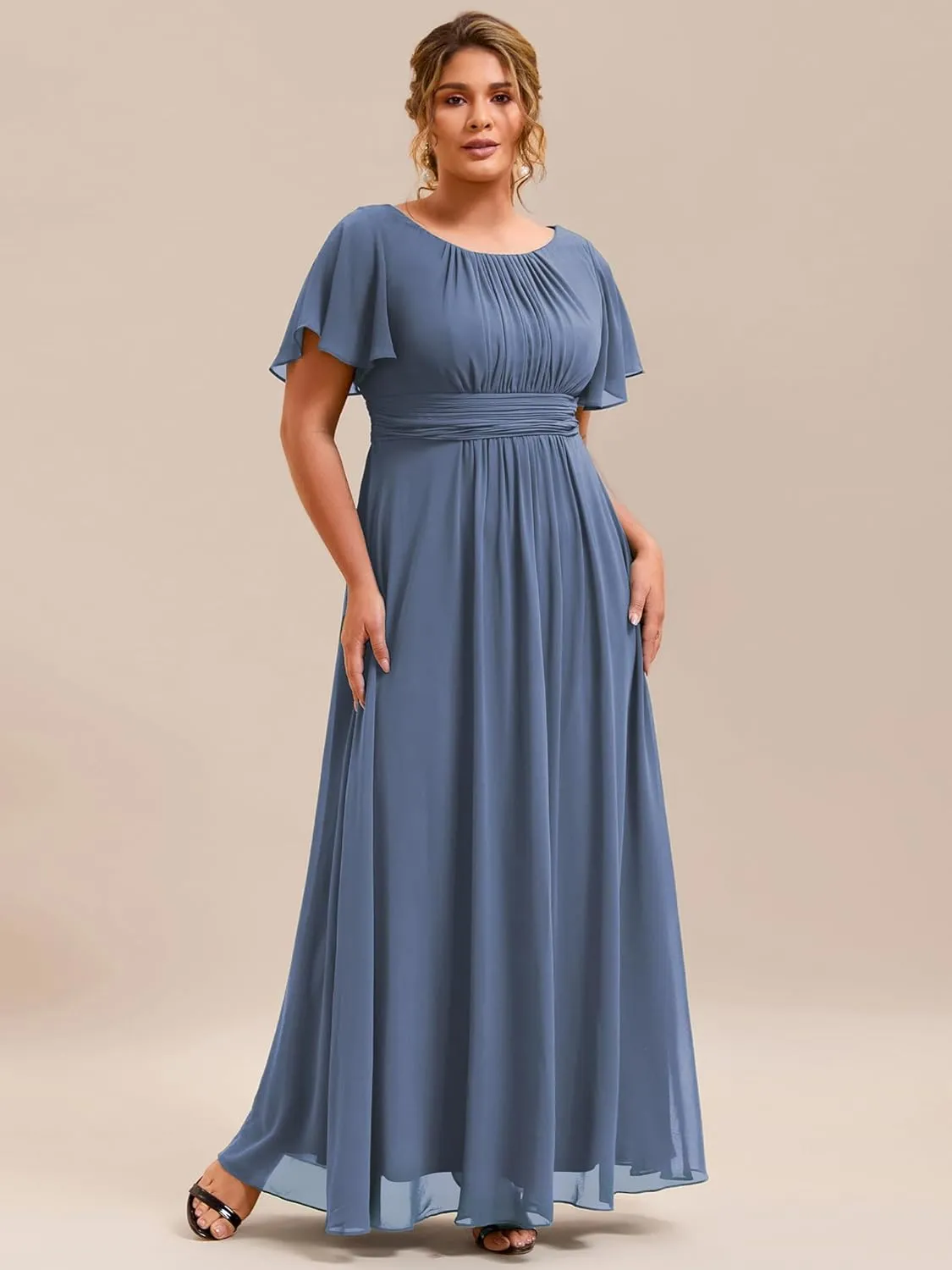 Ever-Pretty Plus Women's Summer Round Neck A Line Pleated Chiffon Short Sleeves Plus Size Formal Gowns Bridesmaid Dresses