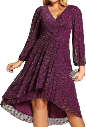 Ever-Pretty Plus Women's V Neck Glitter Long Sleeves High Low Plus Size Formal Wedding Guest Dresses 02266-DA