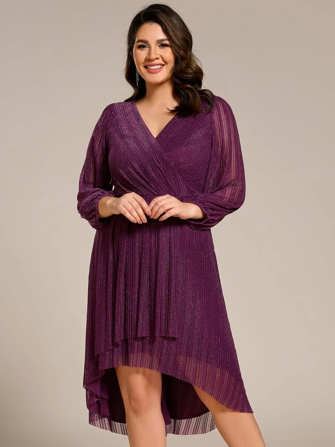 Ever-Pretty Plus Women's V Neck Glitter Long Sleeves High Low Plus Size Formal Wedding Guest Dresses 02266-DA